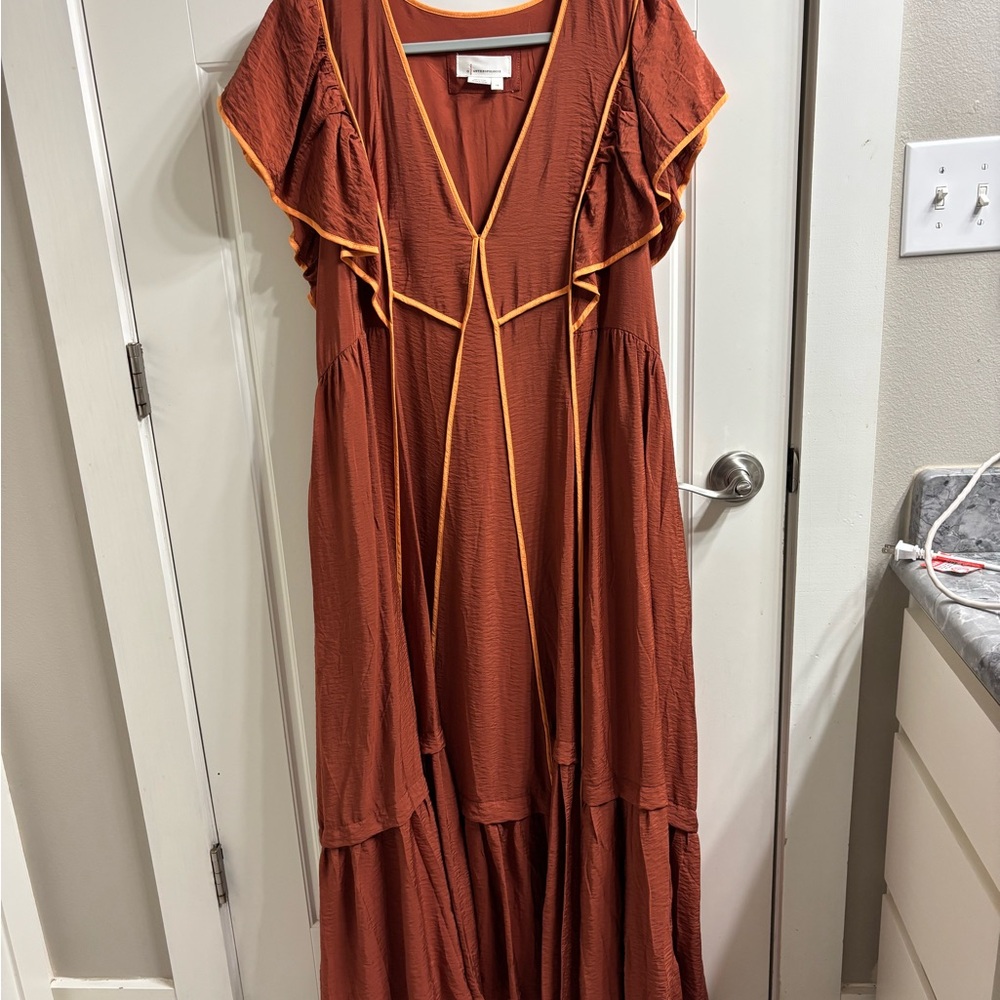 Anthropologie Brown and Orange Ruffled Tiered Maxi Sundress